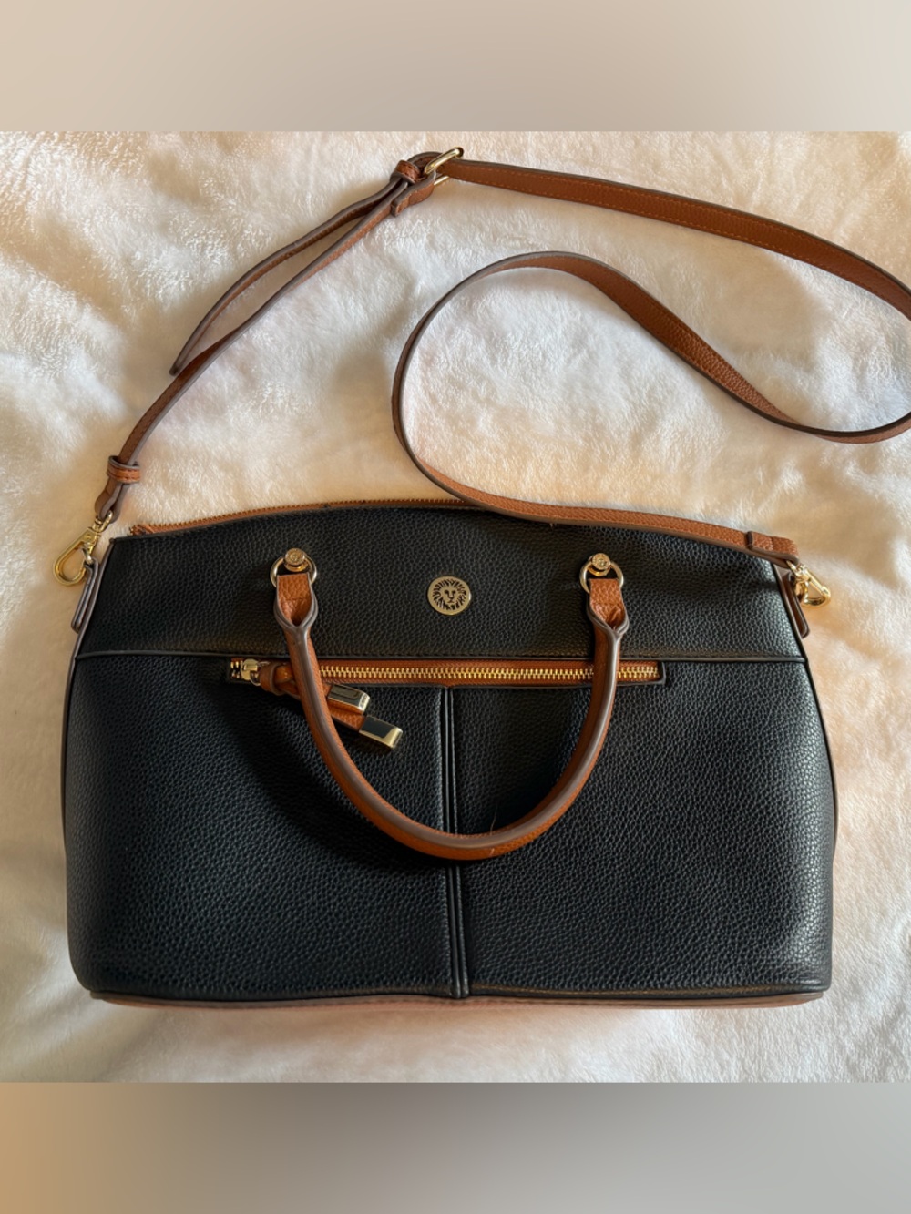 Vintage Anne Klein Black and Brown Leather Satchel Tote -